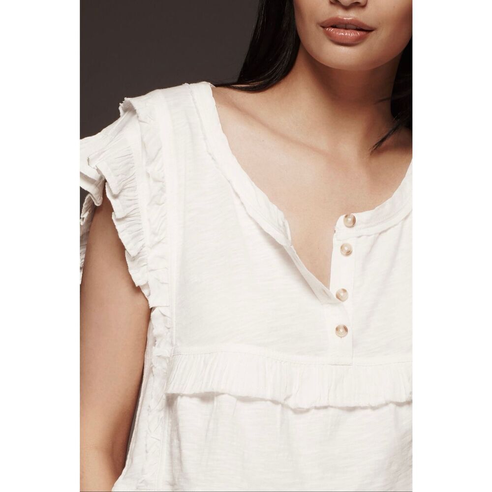 Anthropologie Pilcro Short Sleeve Ruffle-Trim Henley Baby Tee - Picture 4 of 7